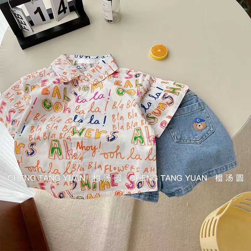 Picture of Little Sun Vacation Style Kidsren's Summer Short-Sleeved Shirt Boys Lapel Shirt Baby Top Jacket Thin Section
