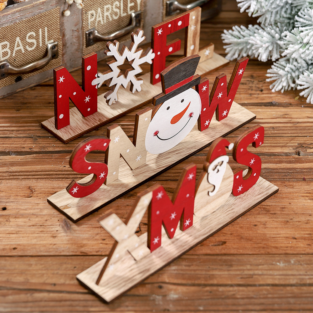 Haobei Christmas New Festive Decorative Supplies Wooden Letter Ornaments Desktop Creative Printed Ornaments Foreign Trade Hot Selling
