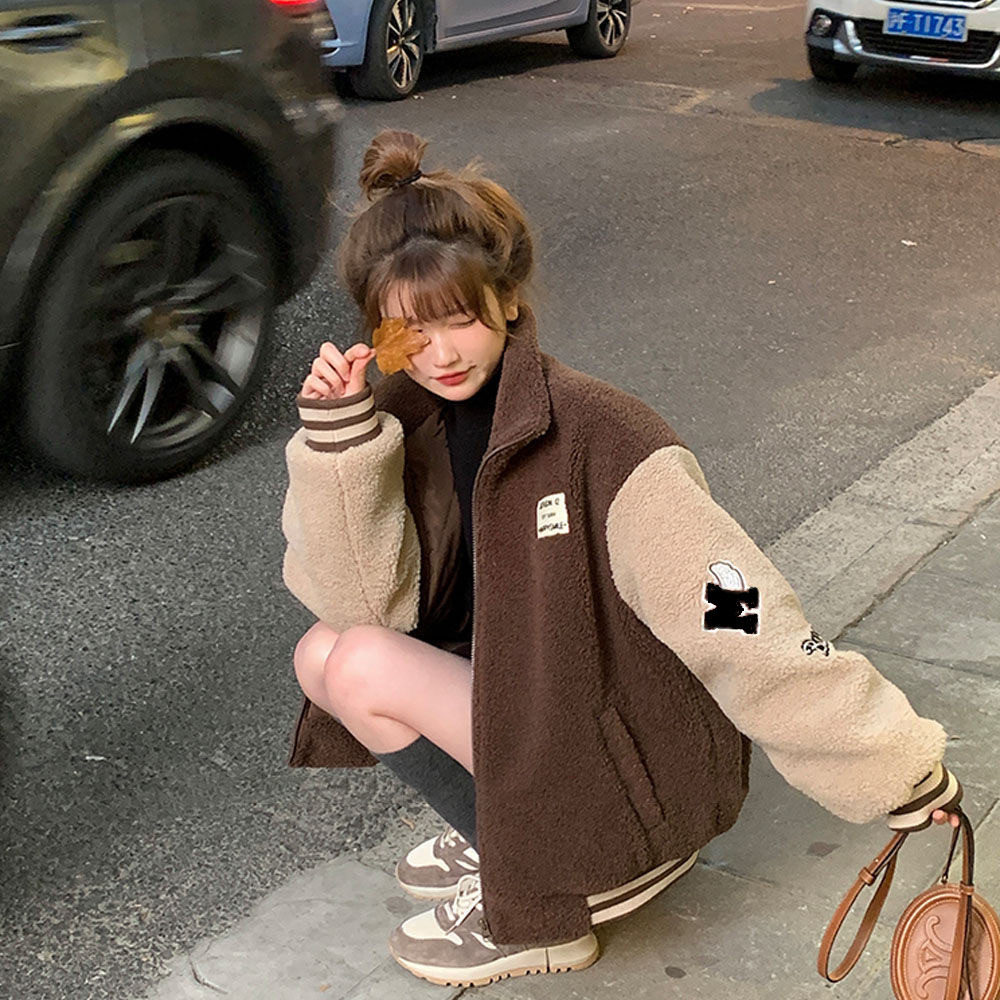 Winter New Lamb Wool Coat Women's Stitching Contrast Color Small Loose Student fleece-lined Thickened Baseball Clothes