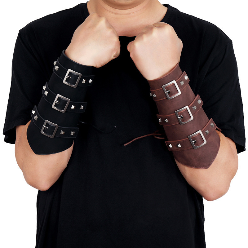 Picture of Men's Motorcycle Leather Wrist Bracer Punk Adjustable Casual Bracelet Exaggerated Rivet Hip Hop Bracelet Leather Wrist Bracer