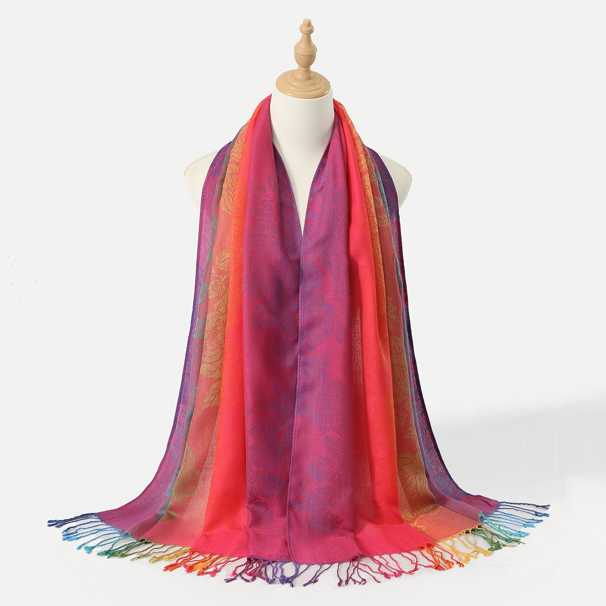 Picture of Amazon Same Style Ethnic Style Color Cashew Embroidered Long Scarf Rainbow Gradient Tassel Scarf Shawl Women's Bag Turban
