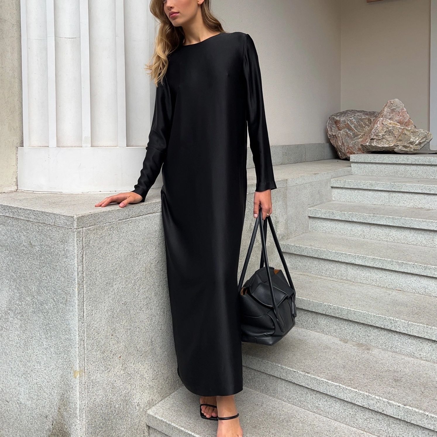 2024 autumn and winter new European and American women's dress fashion long sleeve split satin drape hip dress