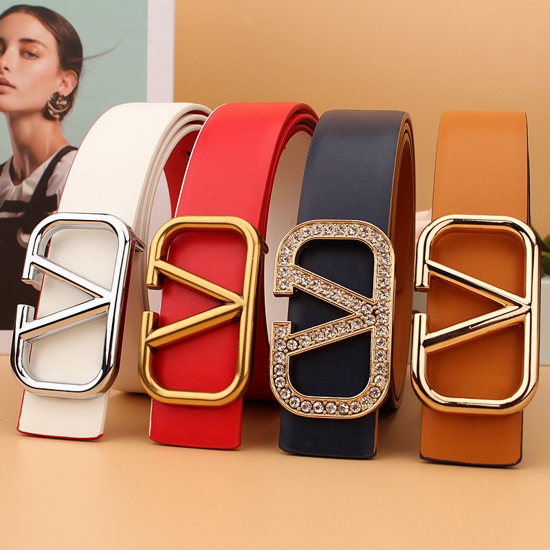 3.3cm Two-Layer Cowhide Exquisite Diamond-Encrusted V Home Smooth Buckle for Men and Women Couples Fashionable Work Clothing Leather Belt Two Packs