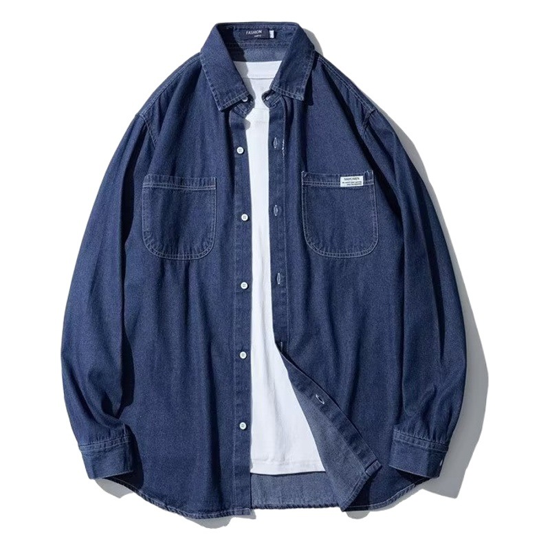 Japanese retro distressed long sleeve Denim shirt men's fashion brand loose bf style casual couple thin coat one-piece delivery