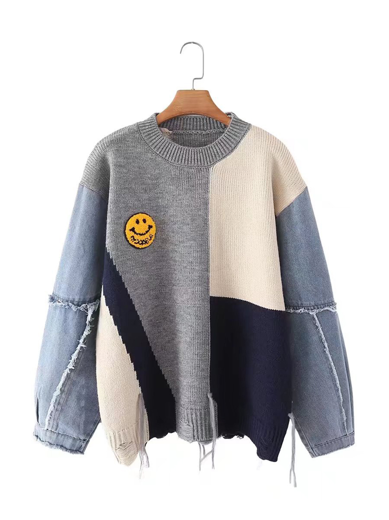 European and American Cross-Border Amazon Autumn and Winter New Loose Denim Stitching Contrasting Smiley Face Round Neck Long-Sleeved Sweater Pullover