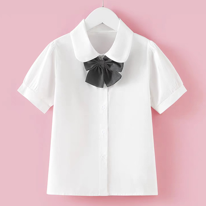 Girls White Short-sleeved Shirt Summer College Style Pure Cotton Shirt Middle School Children's Performance Primary School School Class Clothes