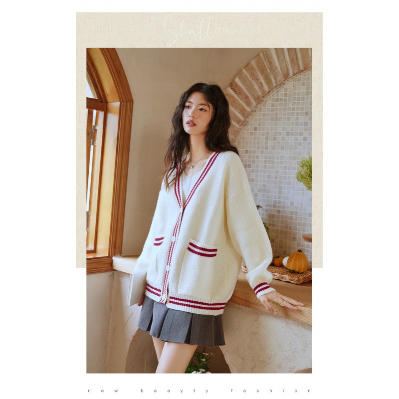 Korean Spring Clothing, Soft and Waxy Contrasting V Neck Knitted Cardigan for Women, Gentle and Loose Sweater Jacket, Lazy Style
