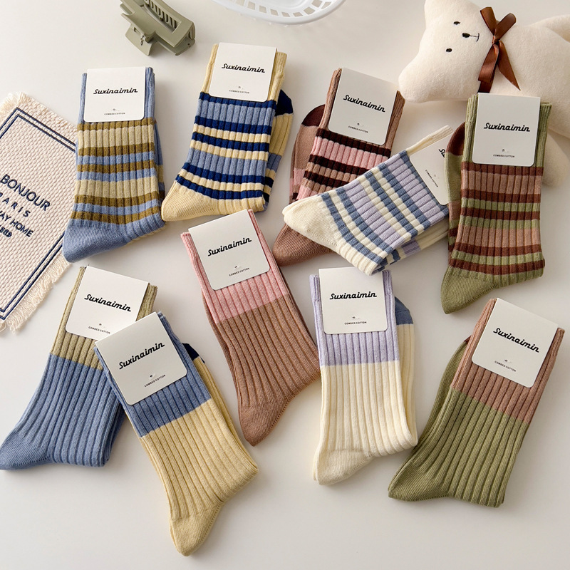 suxinaimin Vintage Striped Pile Socks Color-matching Mid-length Socks Children Japanese Style College Style Cotton Socks Student Stockings