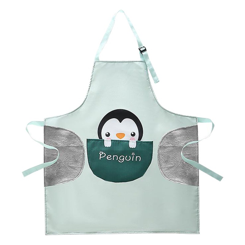 Autumn and Winter waterproof oil-proof kitchen erasable hand apron cartoon animal print large pocket coverall adult household apron