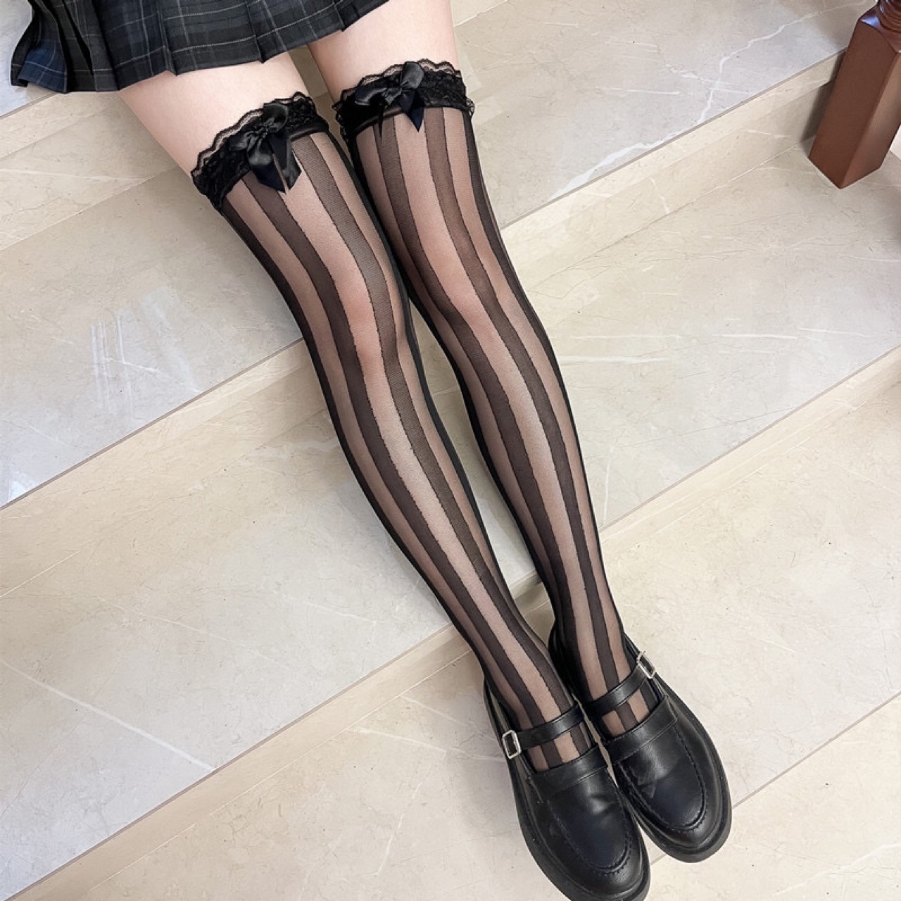 Picture of Sexy Lace Bow Slim Vertical Stripe Stockings Thin Black Lace Thigh Black Silk Lolita Over the Knee