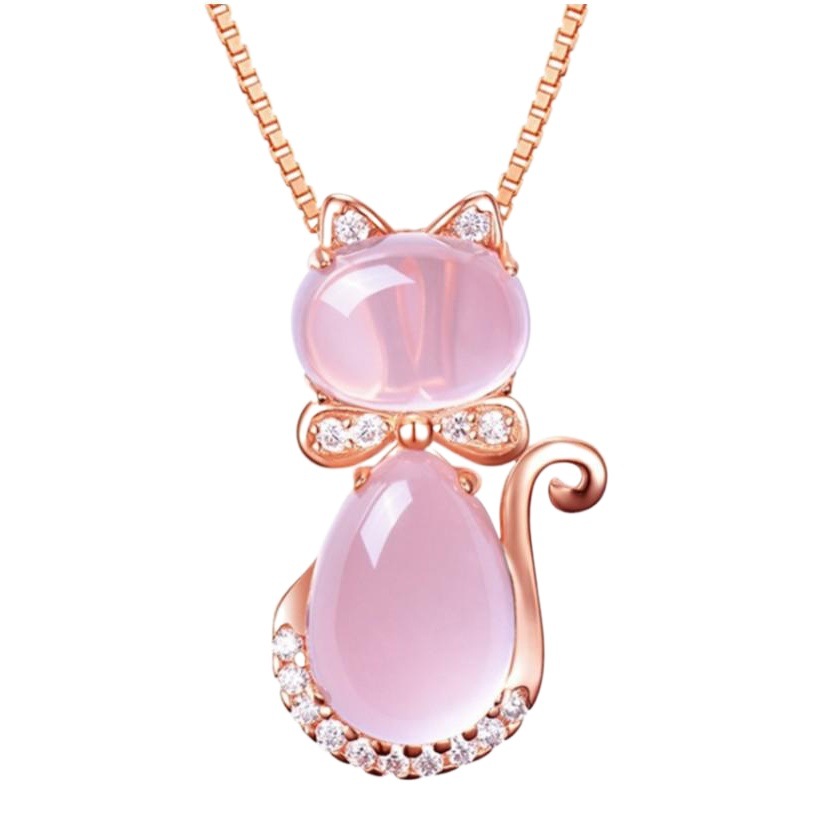 Picture of Korean Style Necklace Rose Gold Plated Natural Hibiscus Stone Pink Crystal Cat Women's Pendant Collarbone Chain Jewelry Pendant