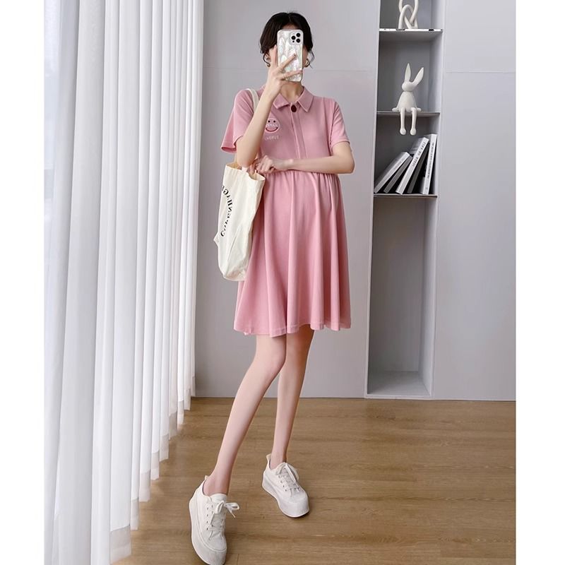Picture of Pregnant Women's Dress Women's Summer Trendy Mom Thin Short-sleeved Top Pink Polo Collar Fashion Nursing Summer Dress