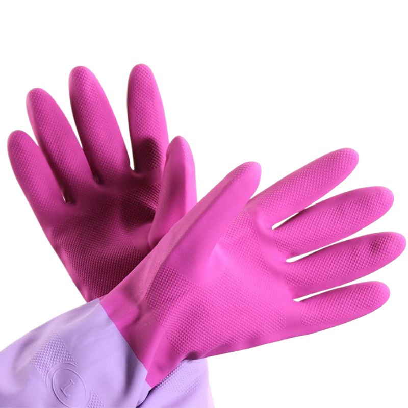 Deng's two-color velvet latex waterproof non-slip gloves wear-resistant and durable cleaning protective rubber household gloves