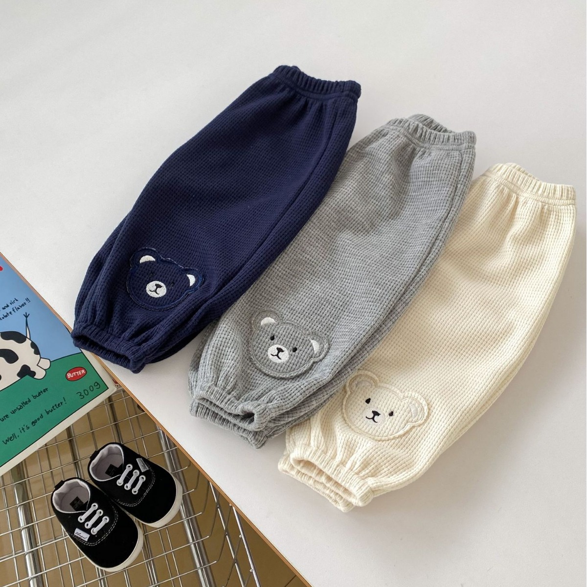 Picture of 2024 Spring Children's pants cute bear waffle pants thin outer wear baby baby casual ankle-tied pants