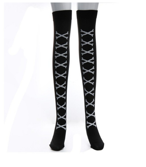 Picture of Cross Cross Cross Stockings Printing Halloween Socks Spider Web Over-the-Knee Socks Black White Lolita Stockings