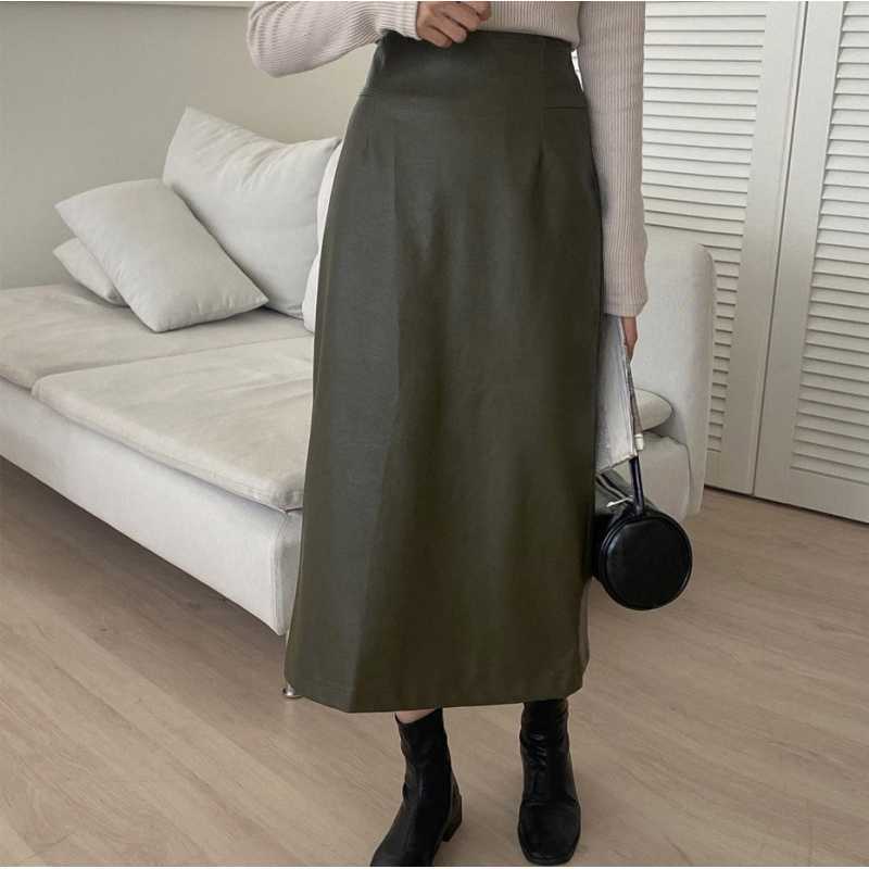Picture of Autumn Niche Retro High Waist Slimming Side Pocket Design Leather Bust Skirt Leather Skirt