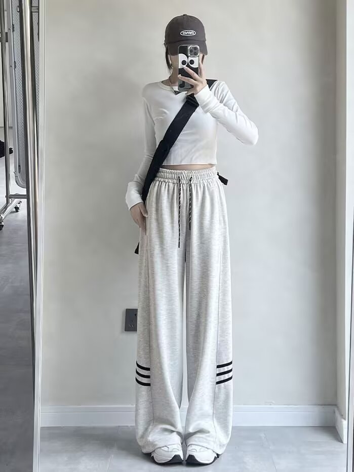 Picture of Sweatpants women's autumn and winter striped wide-leg casual large size loose drape straight cotton American leggings sweatpants