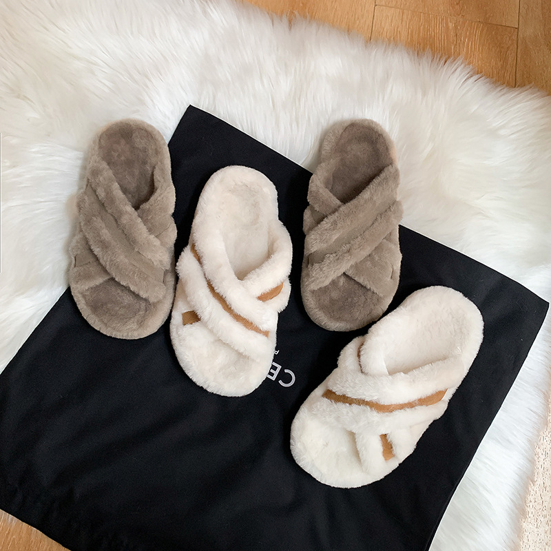 Grape Mom Autumn and Winter New Mao Mao Cross Belt Stitching Warm Casual Style Thick Bottom Slippers Women's New