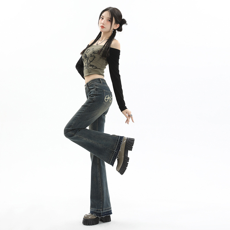 Korean Style Slim, Fashionable, Retro, Versatile, Elastic, Slimming, Micro-Flared Floor-Length Jeans, High-Waisted, Nostalgic Hot Girl Design