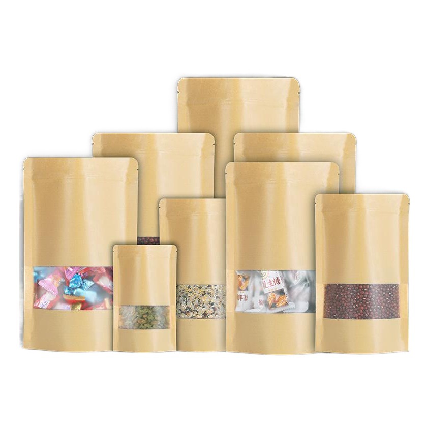 Window Kraft Paper Bag Snack Food Packaging Tea Self-Sealing Nuts and Dried Fruits Stand-Up Bag Transparent Sealed Wholesale