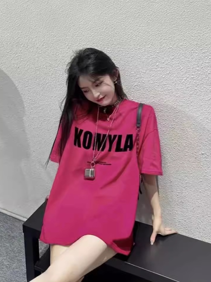 Pure Cotton Rose Hong Kong Style Top with Letter Printing Shoulder T-shirt Women's Heavy Short-sleeved T-shirt Trendy Brand Short-sleeved T-shirt Women's T-shirt