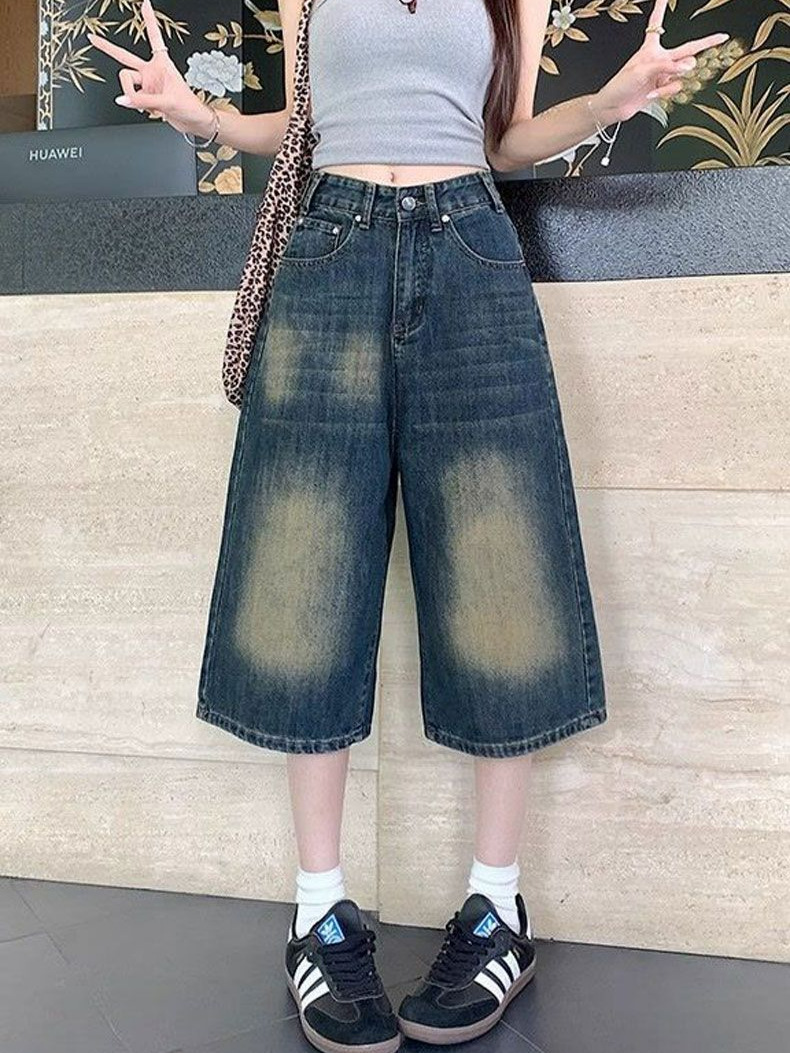 Hong Kong Style Women's Summer New 2025 Personalized Street Jeans Hip-Hop Ins Trendy High Street Trendy Handsome Cropped Pants