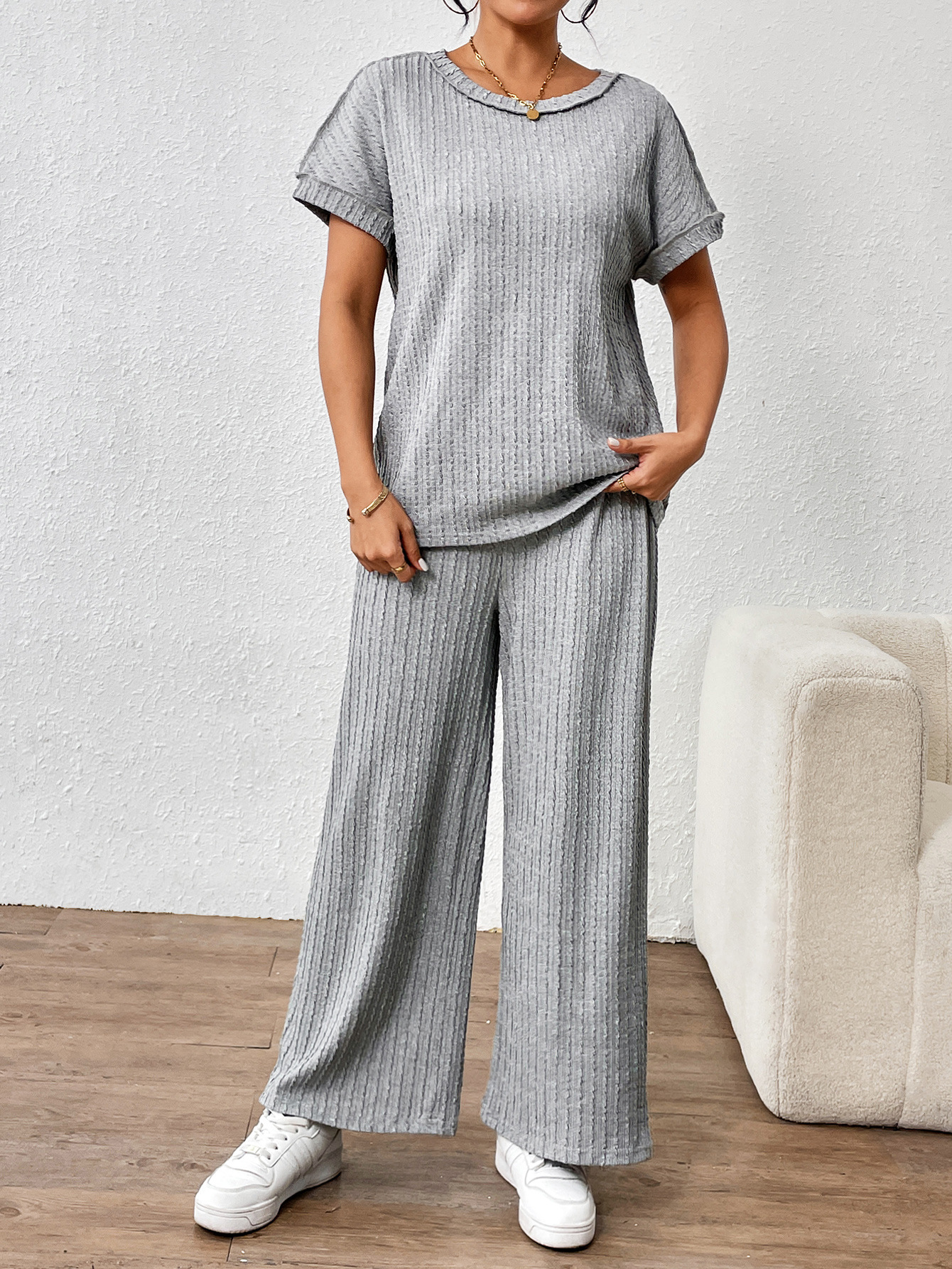 Picture of Spring and Summer Cross-Border European and American Jacquard Twisted Striped Top Wide-Leg Trousers Suit Fashionable Casual Simple Two-Piece Set