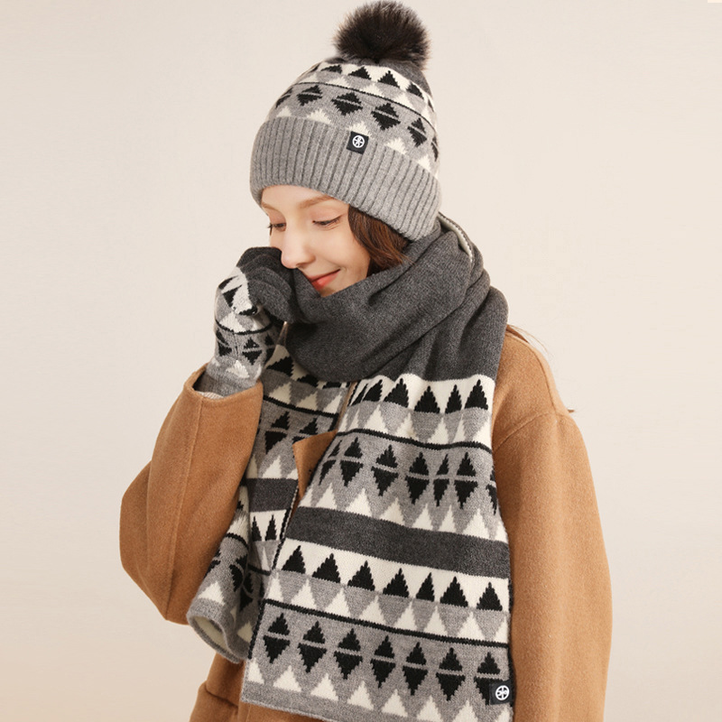 Picture of Winter New Product Japanese Style Knitted Gloves, Scarf and Hat Three-Piece Set Wool Warm and Cold-Proof Fur Ball Scarf Three-Piece Set