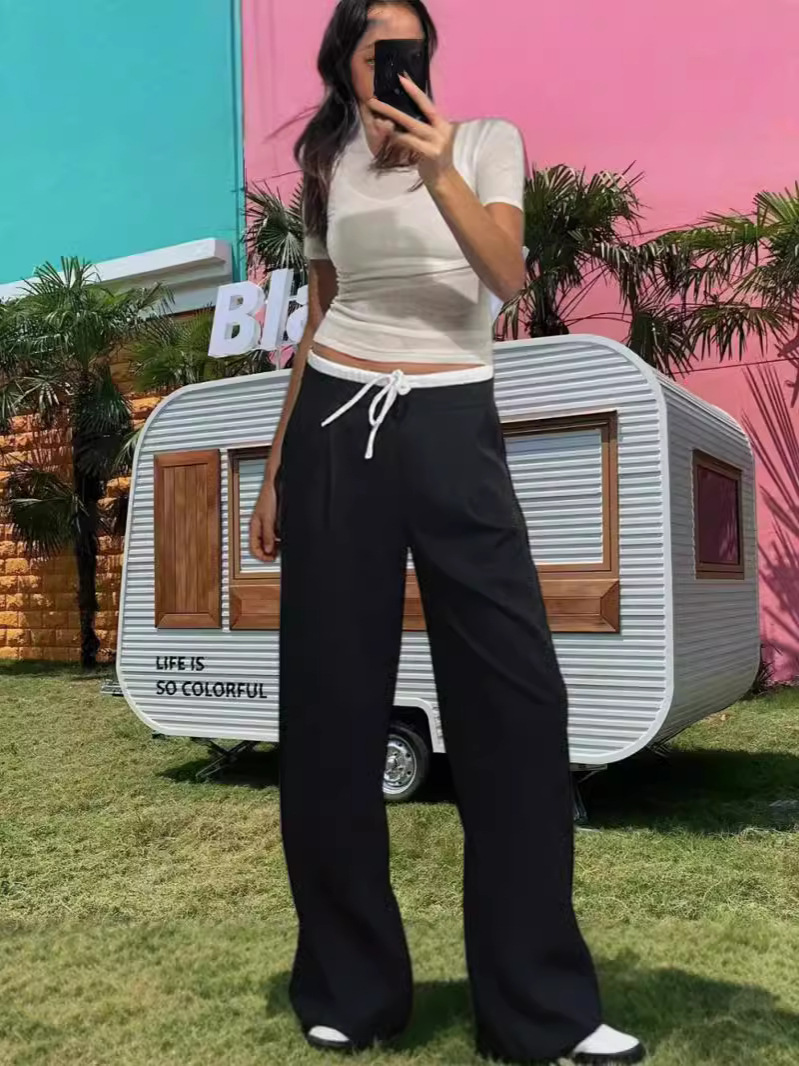 European and American Cross-border Amazon 2024 Spring and Summer New French Straight Pants Fashionable Slimming All-match Wide-leg Pants for Women