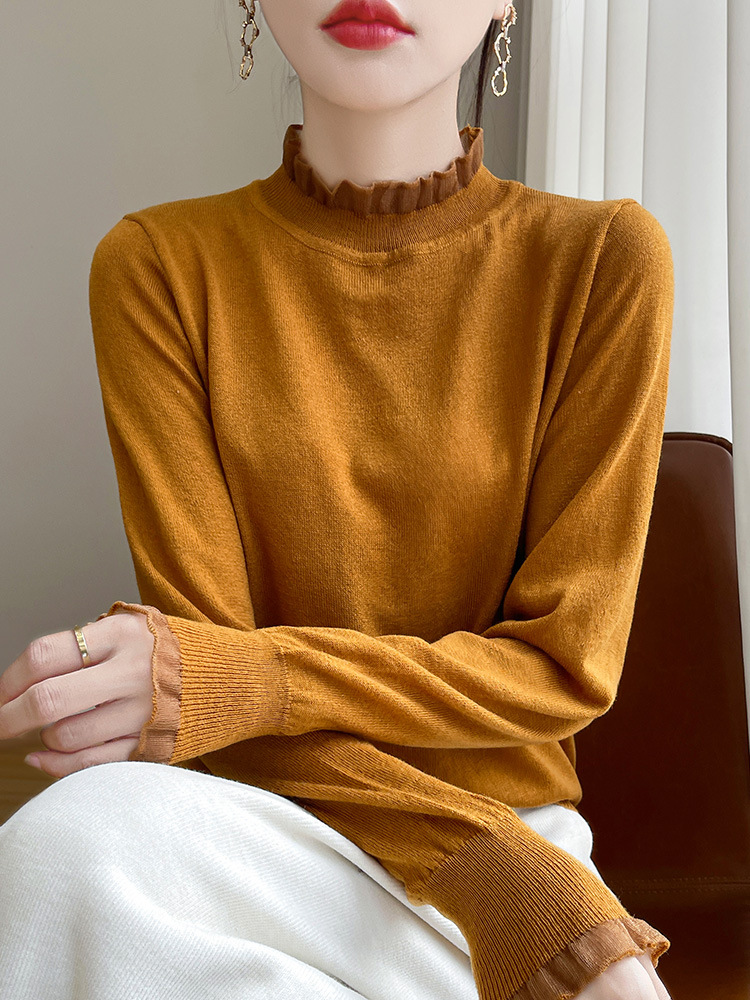 Sweater Women's Autumn and Winter Crooked Half-turtleneck Knitted Sweater Lace Collar Long-sleeved Base Shirt Thin Sweater