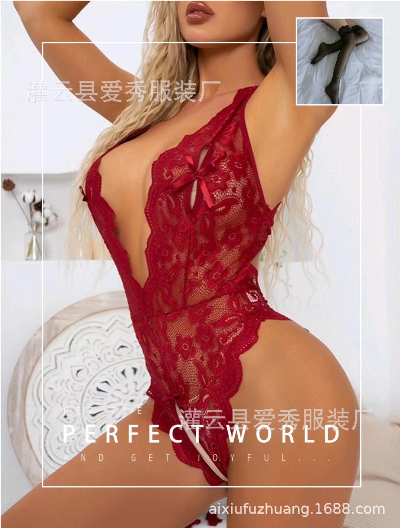 Picture of Europe and the United States cross-border sexy lace sexy pajamas conjoined crotch free tease chubby girl passion midnight lace sexy