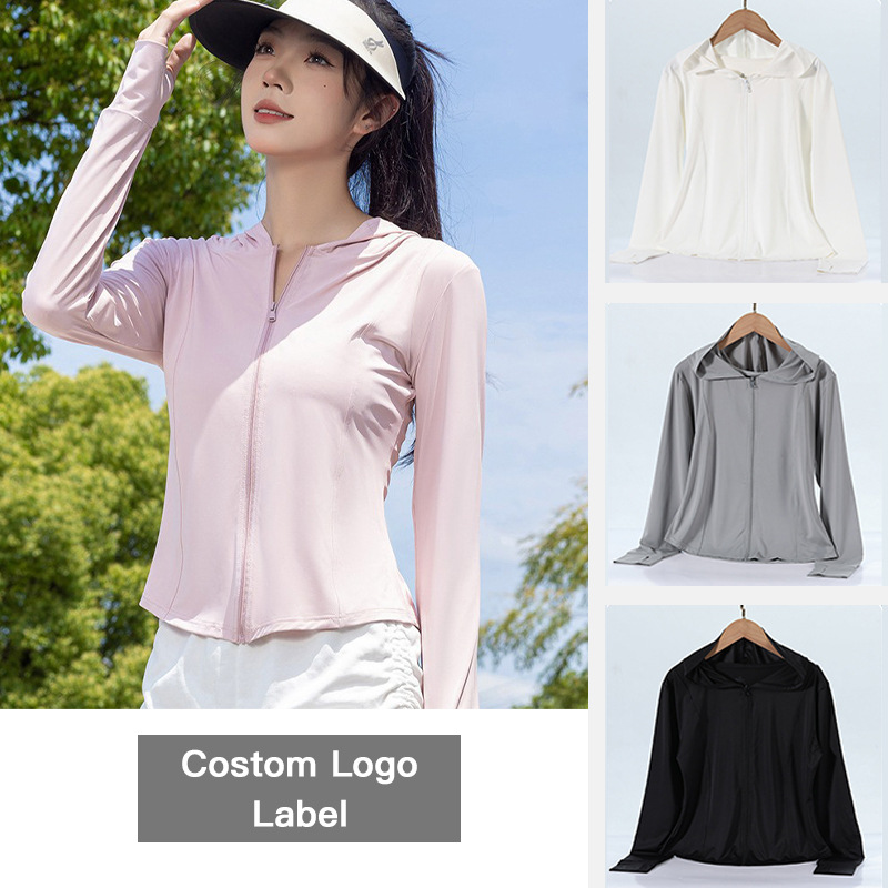 2024 New Women's Ice Silk Cool Yoga Sun Protection Clothing Slim-fit Waist Breathable Outdoor Hooded Jacket Top