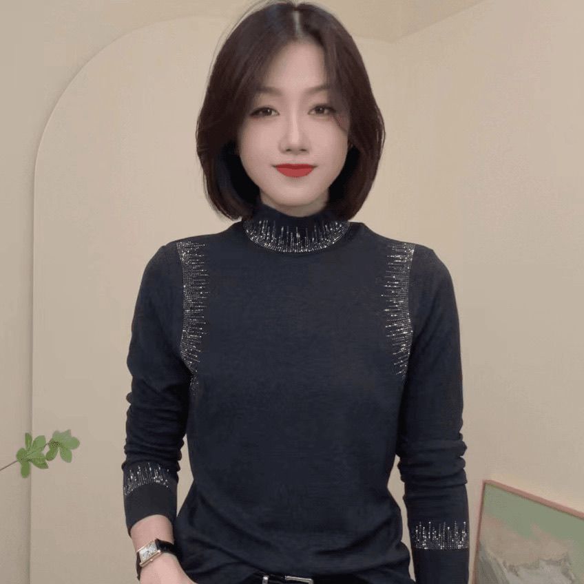 Picture of Trendy Autumn and Winter New Half-High Collar German Velvet Elegant Long-Sleeve T-Shirt Solid Color Versatile Design Fashion Base Layer