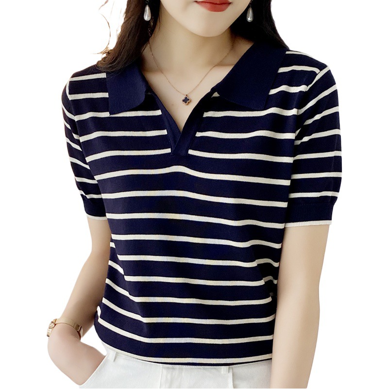 Polo Shirt Summer 2023 New Korean Striped Short-sleeved Knitted Shirt Women's Thin Slimming Polo Collar T-shirt