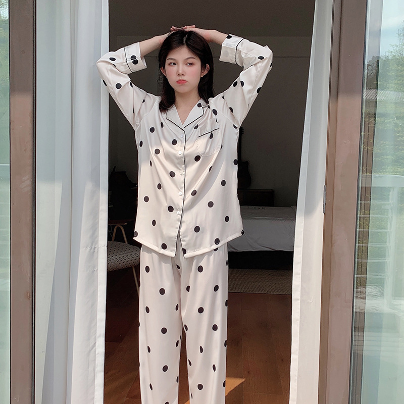 Pajamas for Women Summer New Japanese Style Polka Dot Student Ice Silk High-End Home Clothes Imitation Silk Thin Long-Sleeved Suit