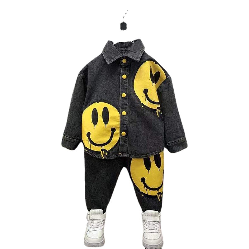 Boys' Denim Smiley Face Suit New 1-3 Years Old 2 Baby Shirt Two-Piece Set Baby Kidsren's Clothing Kidsren's Spring & Fall Style