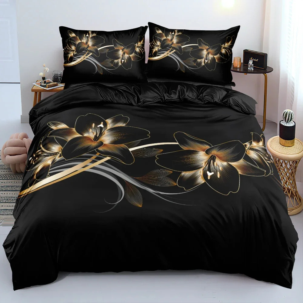 Cross-border Hot Sale Black Gold Flower Three-piece Elegant Floral Duvet Cover Women's Room Decorative Bedding
