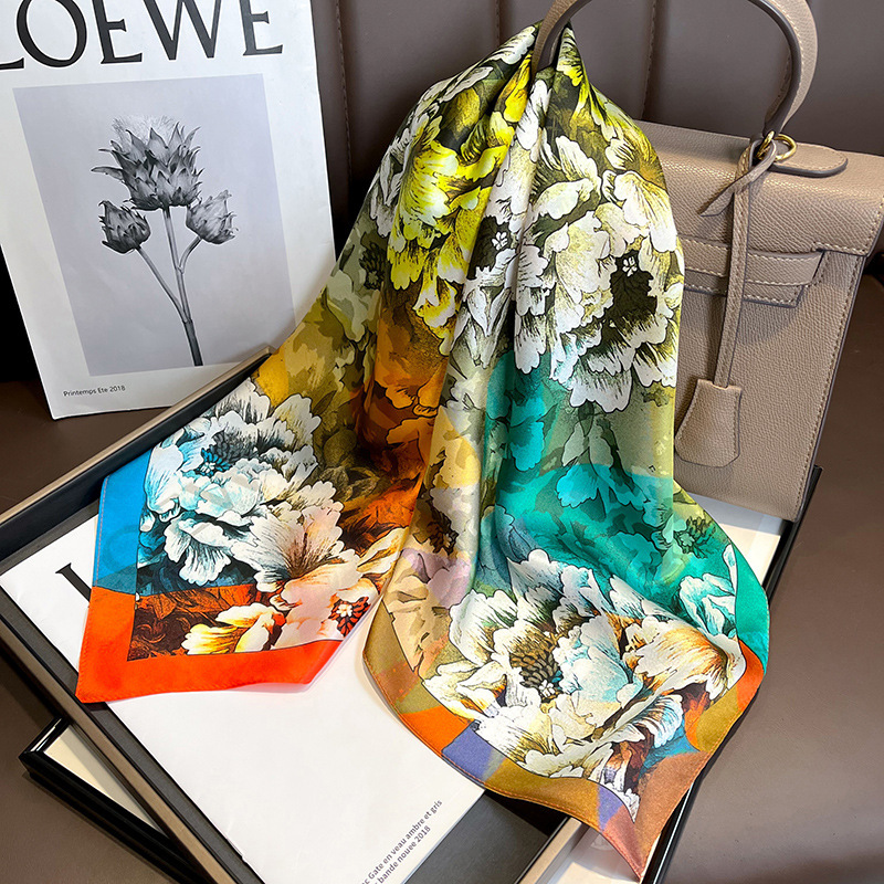 Picture of Spring and Autumn Thin Japanese and Korean Sweet Champagne Color Small Floral Silk Mulberry Silk 70cm Square Scarf Silk Scarf Hair Band Headwear Women