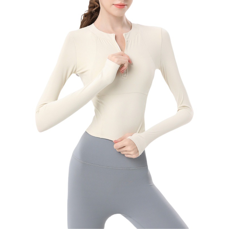 Autumn and Winter Round Neck Half-Zip Fitness Clothing Tops for Women with Nude Feel, Self-Contained Chest Pads, Slimming Look, Quick-Drying Yoga Clothing, Long Sleeves