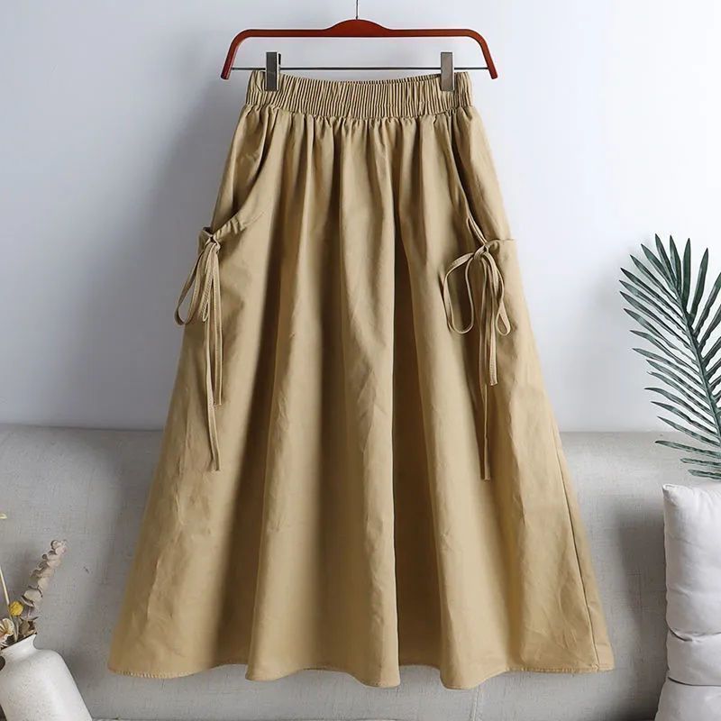 Skirt Women's 2024 New Summer Dress Korean Solid Color Lace Drawstring Pocket Mid-length plus size Workwear A- line Skirt