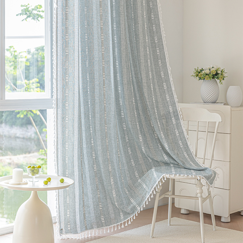 Cross-border exclusive for Nordic cotton and linen curtains multi-color solid color cotton and linen yarn semi-transparent bedroom living room floor curtains with yarn