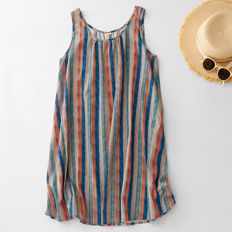2025 Retro Japanese Style Contrast Striped Vacation Dress Women's Summer Design Unique Top Mid-length Sleeveless Shirt