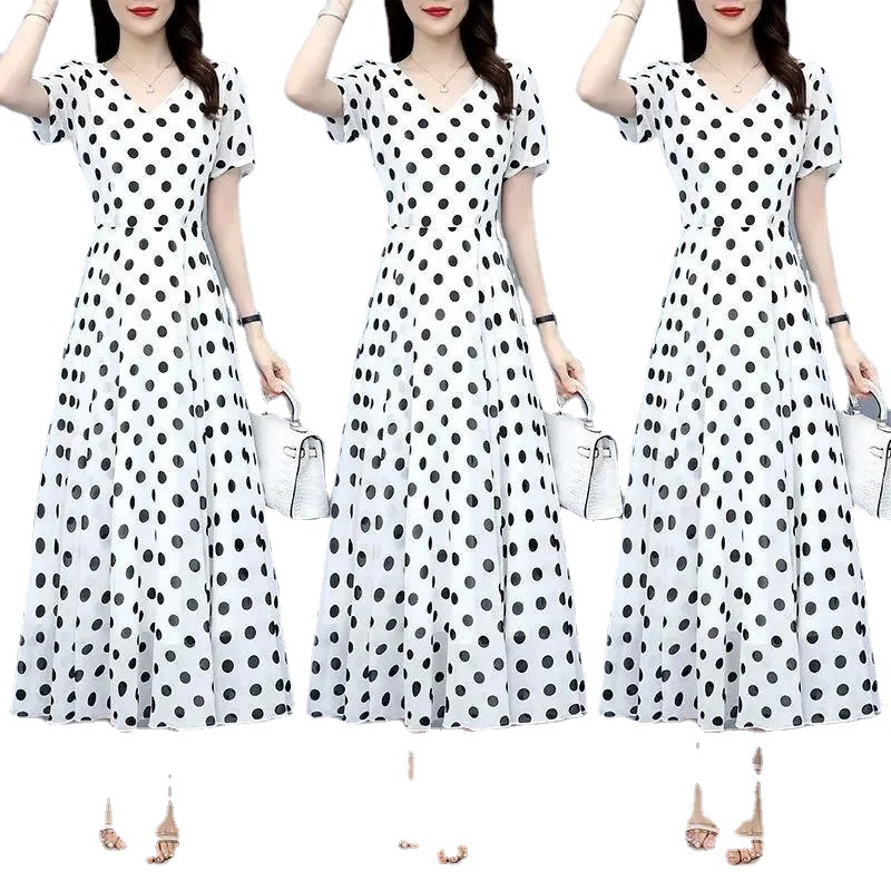 Picture of Summer 2024 New Fashionable Polka-Dot Chiffon Dress with Slim Waist and Western Style Long Over-The-Knee Long Skirt