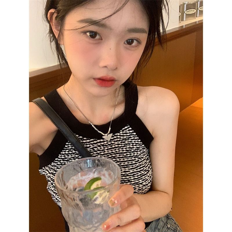 Chanel Style Striped Camisole Women's Summer New Design Sense Loose Outer Wear Sleeveless Hollow Knitted Top Trendy