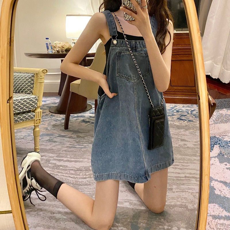 Strap Dress Women's Loose Slimming Age-reducing Western Style Denim Skirt 2021 Spring and Summer New Elegant Retro Skirt