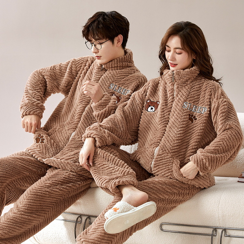 Couple Pajamas Autumn and Winter Thickened Coral Fleece Women's Cartoon Winter Flannel Men's Home Clothes Zipper suit