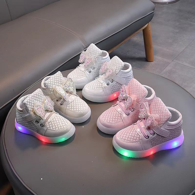 Children's shoes glowing light shoes girl Korean bow shining light single shoes girl temperament princess single shoes