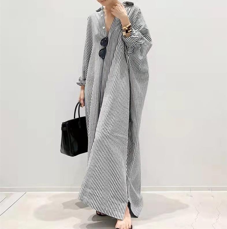 Japanese style simple Southeast Asian cotton and linen striped dress loose plus size casual dress Korean style popular hot skirt