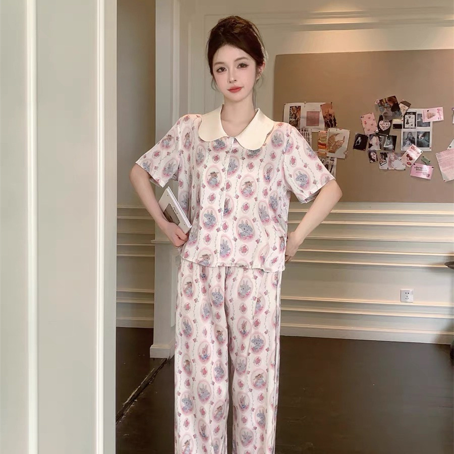 2024 new pajamas rabbit rabbit print summer home clothes short sleeve trousers sweet cute cardigan suit wholesale