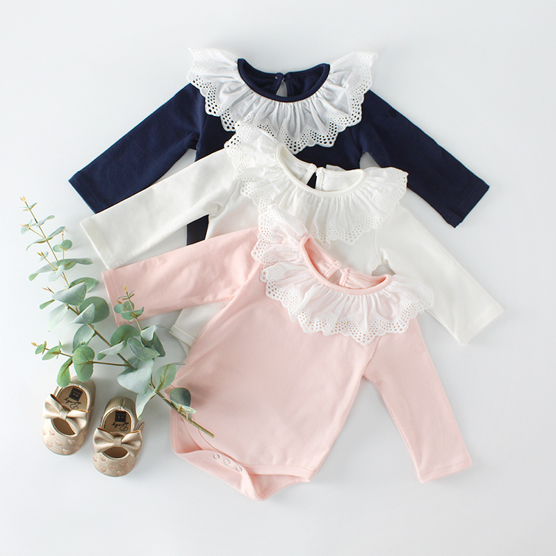 Ins 2025 Spring New Product Girls Baby Lace Collar Bag Fart Baby Cotton Long-Sleeved One-Piece Rompers